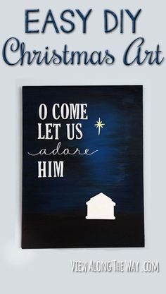 a black and white painting with the words o come let us adore him on it