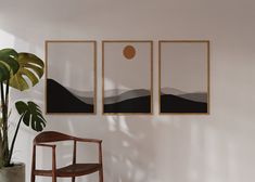 three paintings hang on the wall next to a chair and potted plant in a room