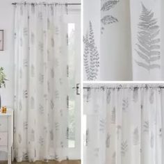 the curtains in this room are white and have grey leaves on them, while the window curtain