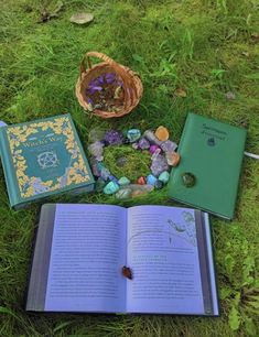 an open book sitting on top of a lush green field next to rocks and stones