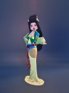 a doll with long black hair wearing a green dress and holding her hand out to the side