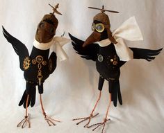 two birds are dressed in steampunk clothing and goggles, with wings outstretched