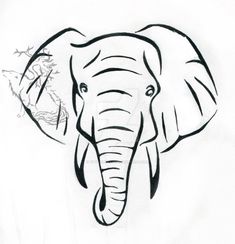 an elephant is drawn in black and white on a piece of paper with the image of an elephant's head