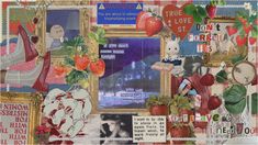 an altered collage with pictures, fruit and other things on it's side