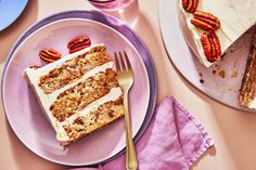 a piece of carrot cake on a plate next to a slice of cake with pecans