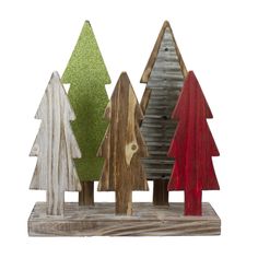 three wooden christmas trees are standing on a wood stand with glittered top and bottom