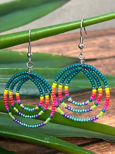 two pairs of colorful beaded hoop earrings sitting on top of a green plant leaf