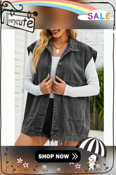 Black Solid Color Pocket Denim Vest Jacket Button-up Denim Vest For Work With Pockets, Casual Button-up Denim Vest With Pockets, Black Denim Vest With Pockets For Winter, Casual Denim Vest With Pockets For Workwear, Winter Black Denim Vest With Pockets, Button-up Denim Vest With Pockets For Fall, Casual Washed Denim Vest For Work, Fall Black Denim Vest With Pockets, Fall Utility Denim Vest With Pockets