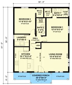 the floor plan for a two bedroom house with an attached bathroom and living room area