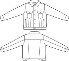 the front and back views of an unisex denim jacket, with long sleeves