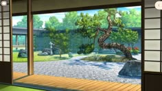 an open room with a bonsai tree in the corner and rocks on the ground