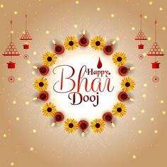 happy bhan dooj with sunflowers and lanterns on brown background for diwaling