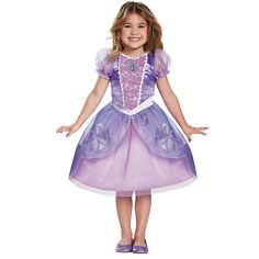 This beautiful purple ball gown is going to captivate your own special little princess as she becomes her favorite character! Includes dress with cameo. Care Instructions: Hand wash cold water with mild soap. Tumble dry low. For best results hang or lay flat to dry. Disney Princess Fancy Dress, Sofia Costume, Disney Princess Halloween, Purple Ball Gown, First Disney Princess, Kids Costumes Girls, Pretty Halloween Costumes, Classic Girl, Sofia The First