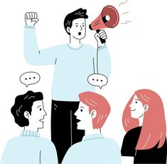 a man speaking into a megaphone surrounded by other people with speech bubbles above his head