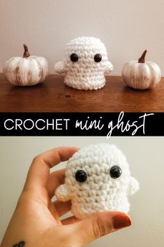 there are three small crocheted ghosts on the table