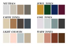 the color chart for neutrals, earth tones, cool tones and warm tones