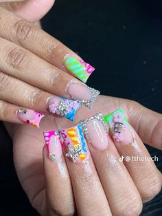 Freestyle Nails With Charms, Colorful Birthday Nails, Acrylic Nail Set