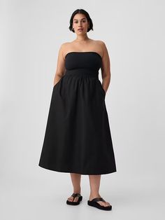 Mixed Media Midi Dress | Gap Elegant Strapless Bandeau Dress For Day Out, Chic Bandeau Midi Dress For Summer, Elegant Bandeau Dress For Day Out, Summer Midi Dress With Voluminous Skirt, Spring Evening Maxi Dress With Relaxed Fit, Spring Evening Maxi Dress With Relaxed Skirt, Chic Bandeau Midi Dress For Brunch, Summer Daywear Midi Dress With Voluminous Skirt, Summer Midi Dress With Voluminous Skirt For Daywear