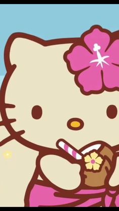 an animated hello kitty holding a candy cane and flower in her hand while standing on the beach