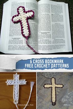 an open book with crocheted cross on it