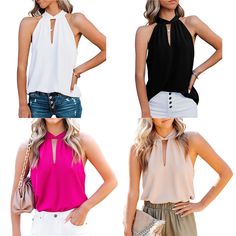 Summer Chiffon Halter Vest Women Solid Sleeveless Pullovers Basic Chic Tee Shirt Korean Fashion Tops Plus Size Clothes Chic Sleeveless Chiffon Blouse, Sleeveless Chiffon Tops For The Beach, Sleeveless Chiffon Top For Beach, Korean Fashion Tops, Halter Vest, Shirt Korean, Plus Size Clothes, Vest Women, Sleeveless Pullover