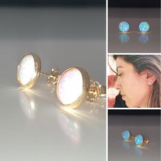 White Opal Earrings For Pierced Ears, Gold Opal Round Earrings, Gold Round Opal Earrings, White Opal Jewelry With Matching Earrings, White Birthstone Drop Earrings, White Round Crystal Earrings For Pierced Ears, White Round Pierced Crystal Earrings, Gold Opal Cabochon Earrings, White Round Stone Earrings For Gift