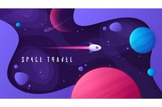 the space travel banner with planets and stars in purple tones on a dark blue background