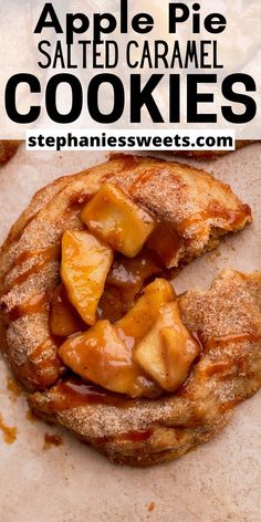 apple pie salted caramel cookies on top of parchment paper with text overlay