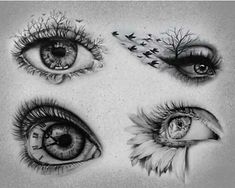 four different types of eyes with trees and birds in the middle one is drawn on paper