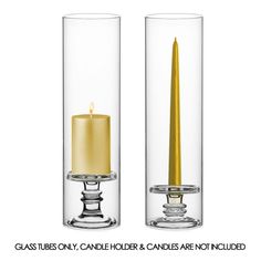 two glass vases with candles in them and one has a gold candle inside it