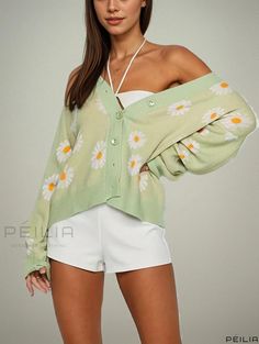 Peilia - Daisy Patterned V-Neck Button-Up Cardigan: Chic Long Sleeve Sweater for Women Spring V-neck Sweater With Button Closure, Green V-neck Spring Sweater, Green V-neck Cardigan For Spring, Green V-neck Cardigan For Day Out, Trendy Green Spring Cardigan, Trendy Green Sweater With Buttons, Spring V-neck Outerwear With Button Closure, Green V-neck Cardigan With Buttons, Green Cardigan For Day Out