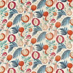 an orange and green pattern on a white background with leaves, flowers, and fruit