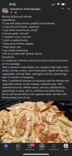 the recipe for shrimp and broccoli alfredo is displayed on an iphone screen,