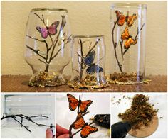 three glass vases with butterflies on them sitting on a wooden table next to a wall