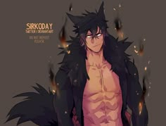 an anime character with black hair and no shirt on, standing in front of fire