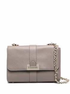 Warm grey leather Lottie pebbled leather bag from Aspinal Of London featuring pebbled texture, logo stamp to the rear, foldover top, flip-lock fastening, main compartment, internal zip pocket and two leather and chain-link shoulder straps. Elegant Crossbody Bag With Pebbled Texture, Formal Crossbody Shoulder Bag With Pebbled Texture, Classic Formal Shoulder Bag With Pebbled Texture, Formal Taupe Bag With Silver-tone Hardware, Elegant Taupe Shoulder Bag With Silver-tone Hardware, Elegant Gray Textured Leather Shoulder Bag, Texture Logo, Aspinal Of London, Warm Grey