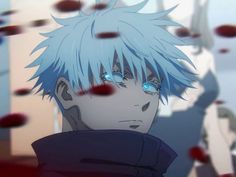 an anime character with blue eyes and white hair looks into the distance while surrounded by red circles