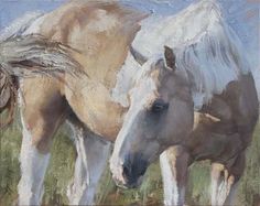 a painting of two horses standing next to each other