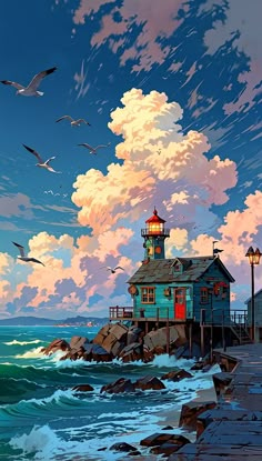 a painting of a blue house on the shore with seagulls flying around it