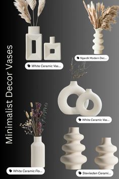 several vases with different types of flowers and plants in them, all white against a black background