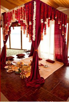 a room decorated with red and white decorations