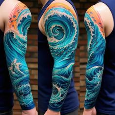 30 Gorgeous Ocean Sleeve Tattoos Ideas Water Tattoo Sleeve, Ocean Tattoos Men, Water Tattoo Design, Japanese Water Tattoo, Ocean Sleeve Tattoos, Flame Tattoo, Turtle Tattoo Designs