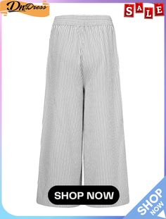 Women's Striped Print Button Culottes Casual Pants With Button Closure For Daywear, Striped Cotton Bottoms With Buttons, Casual Daywear Bottoms With Button Closure, Casual Summer Wide Leg Pants With Button Closure, Casual Bottoms With Button Closure For Daywear, Casual Wide Leg Pants With Button Closure For Summer, Striped Summer Bottoms With Buttons, Striped Bottoms With Buttons For Summer, Summer High Waist Wide Leg Pants With Button Closure