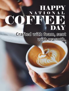 a person holding a cup of coffee with the words happy national coffee day