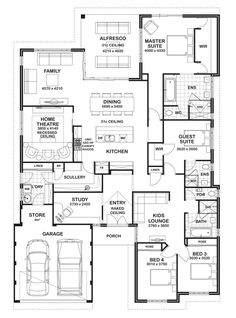 the floor plan for a two story house with three car garages and an attached living area