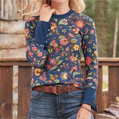 New Homestead Bloom Thermal Size Pxl Winter Blue Floral Print Tops, Blue Floral Print Top For Winter, Blue Floral Print Tops For Winter, Pendleton Throw, Velvet Trim, Fall Outdoor Decor, Work Tops, Fall Shopping, Cotton Spandex