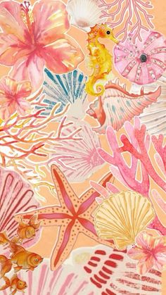 an image of colorful flowers and seashells in watercolor on yellow paper with pink background