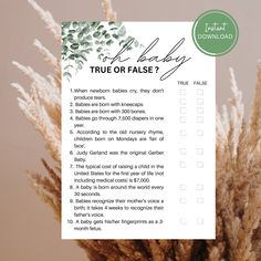 a printable baby shower checklist with the words true or false written on it