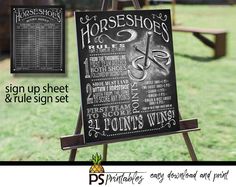 a sign up sheet and rules set for horse shoe sale in front of a picnic table