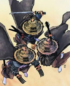 an image of three people with hats on their heads and swords in the air above them